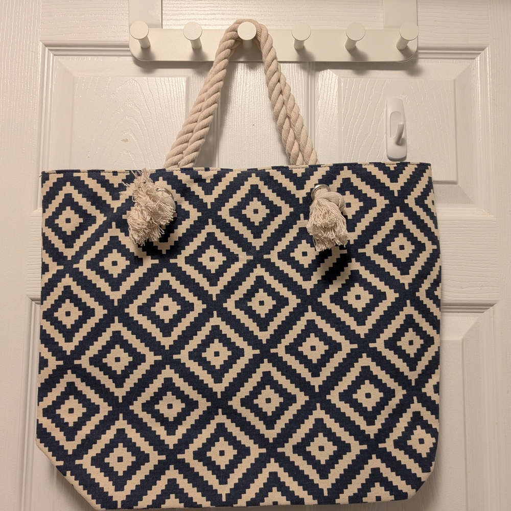 Navy and White Geometric Tote Bag